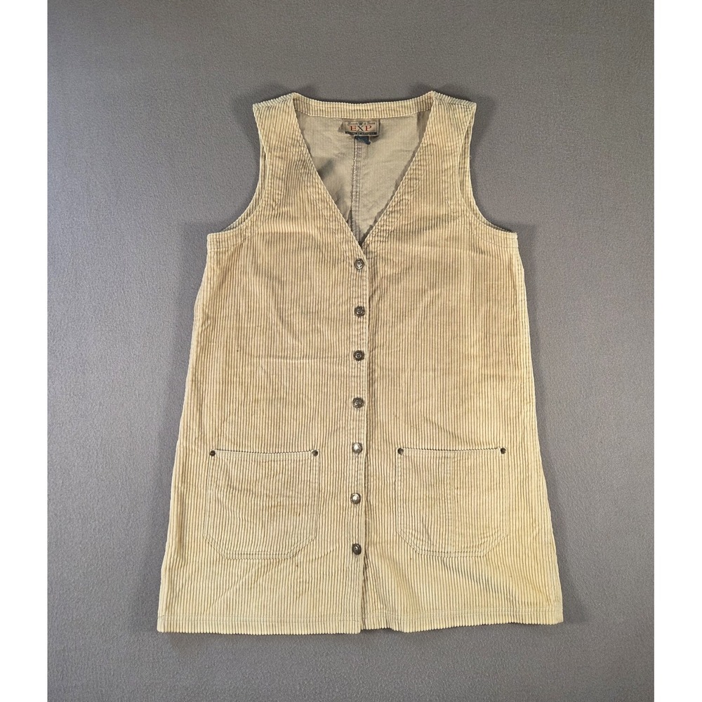 Vintage EXP Express Top Womens Large Khaki Corduroy Jumper Dress Mini Snap
